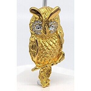 Owl Brooch Pin Clear Crystal Rhinestones Gold Tone Metal Figural Jewelry Shiny!